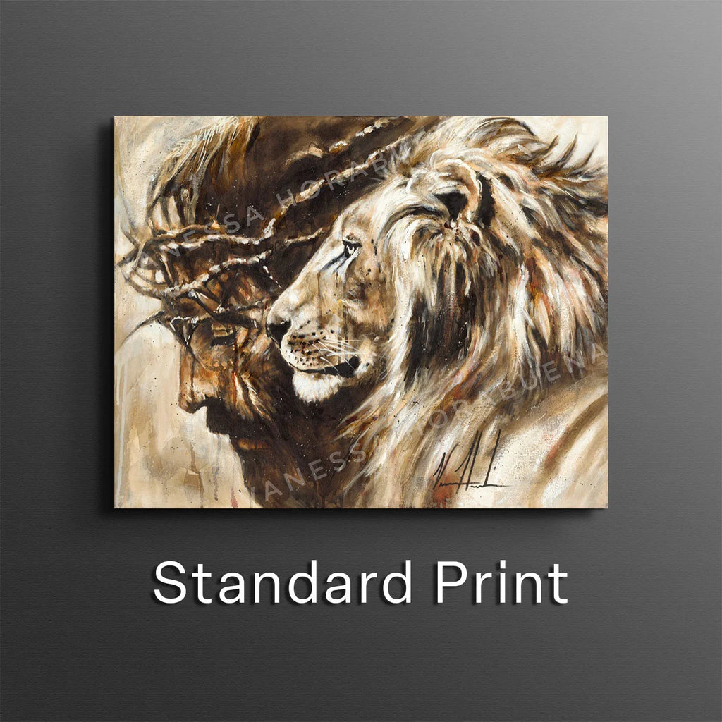 Heaven's Grace lion portrait print with golden mane and dark brown face shading
