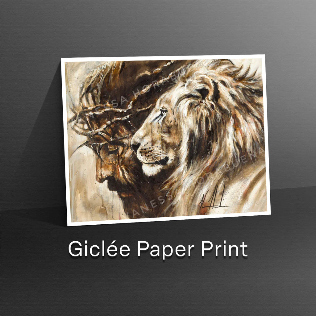 Heaven's Grace lion portrait giclée paper print with golden mane and dark brown details