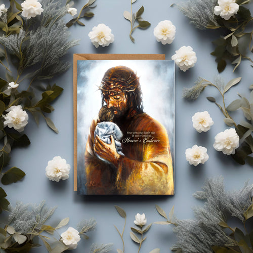 Greeting card with religious illustration of man holding infant, Heaven's Embrace title