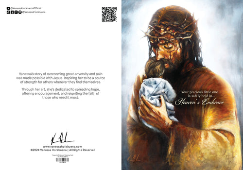Greeting card back with QR code and printed message, with portrait panel