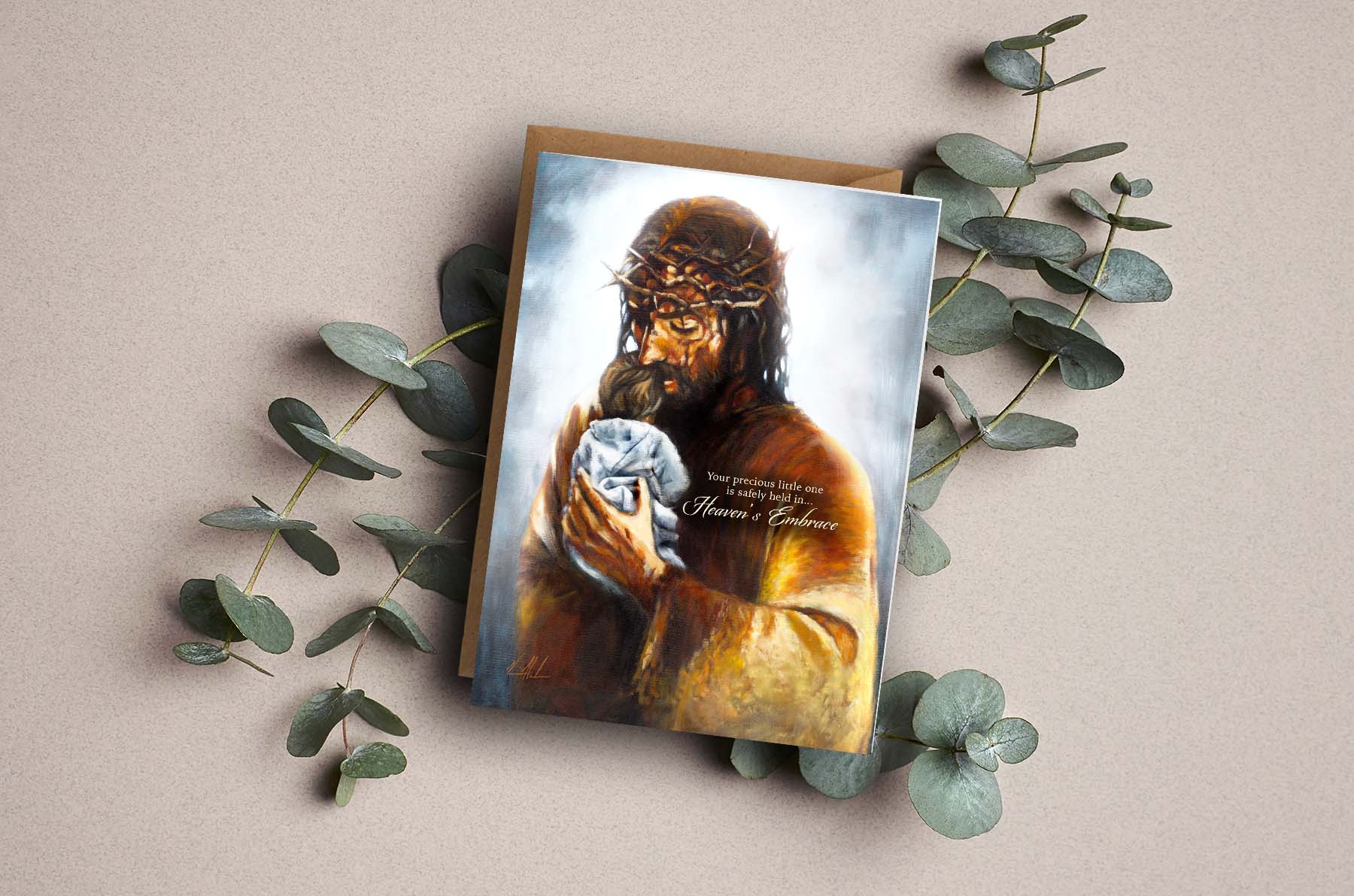 Greeting card with religious portrait illustration holding an infant and Heaven's Embrace text