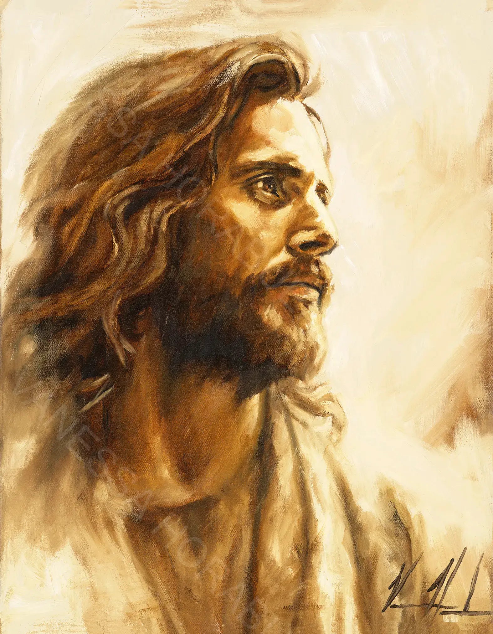 Close-up portrait wall art print of a long-haired bearded man in warm sepia tones.