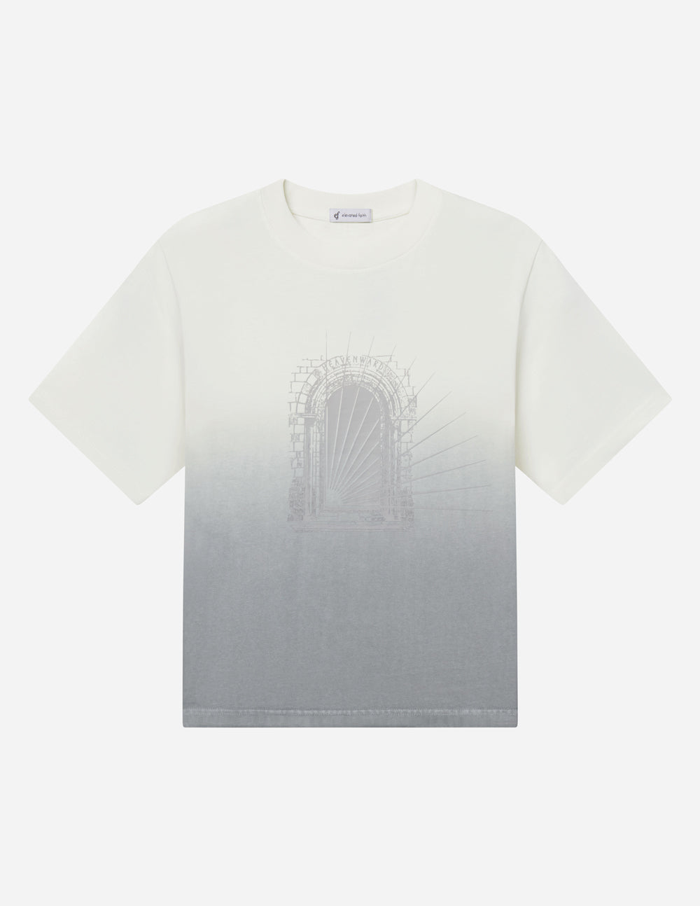 White heavyweight graphic tee with arched logo print on the front, crew neck.