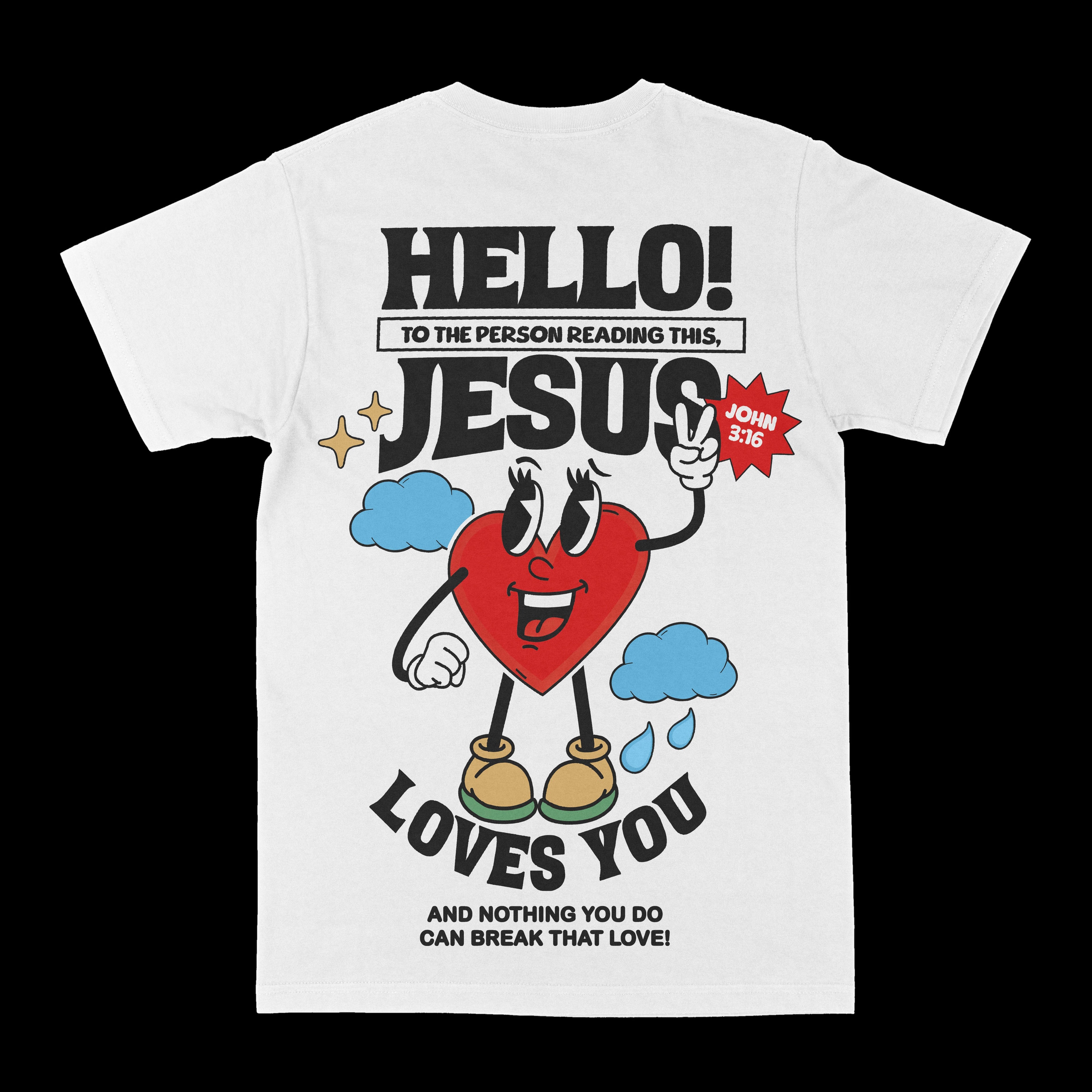White crewneck graphic tee with devil character and text "HELLO!" and "LOVES YOU"
