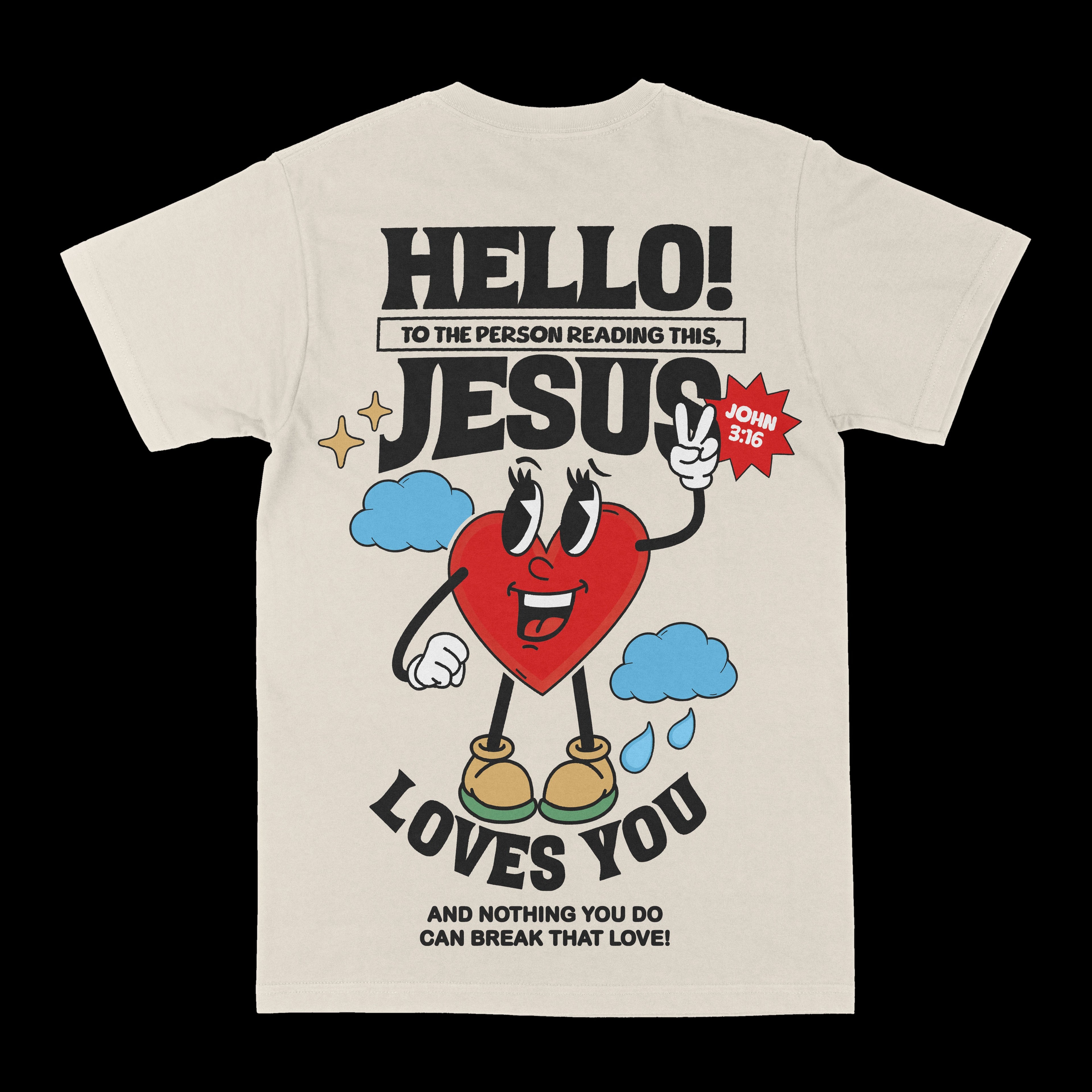 White crewneck graphic tee with "JESUS LOVES YOU" devil character illustration