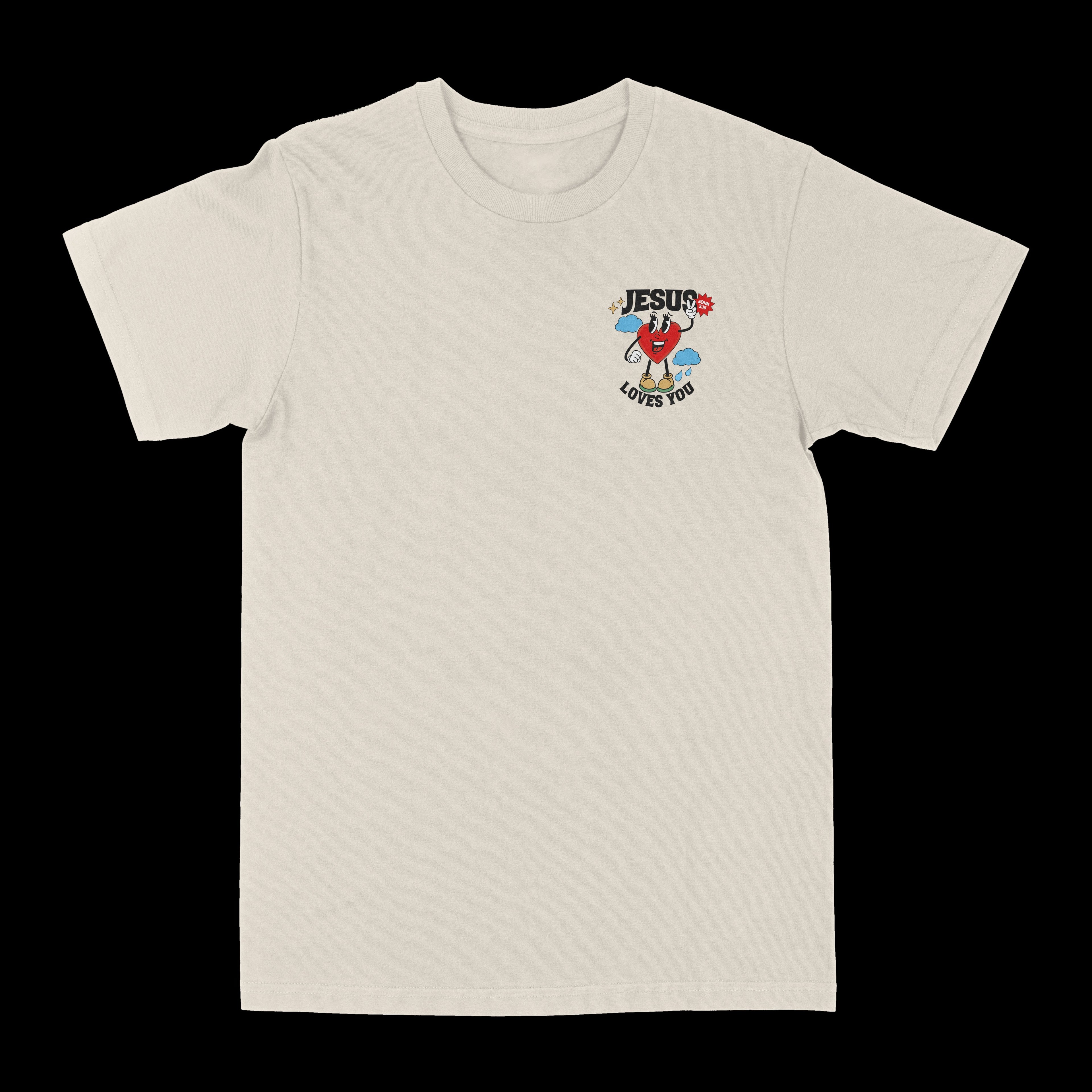 White crewneck graphic tee with tiny "JESU" flower-heart logo centered
