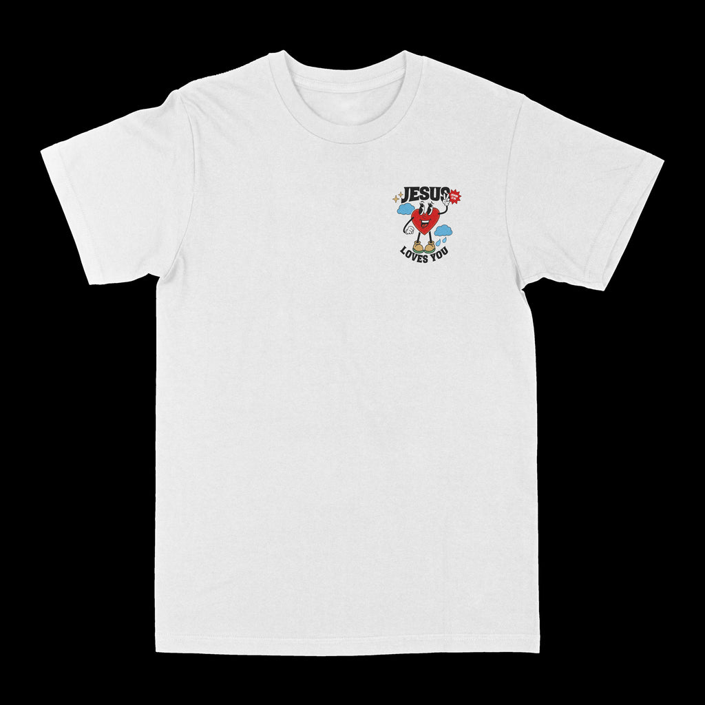 White crewneck graphic tee with small "JESU" heart emblem on the chest