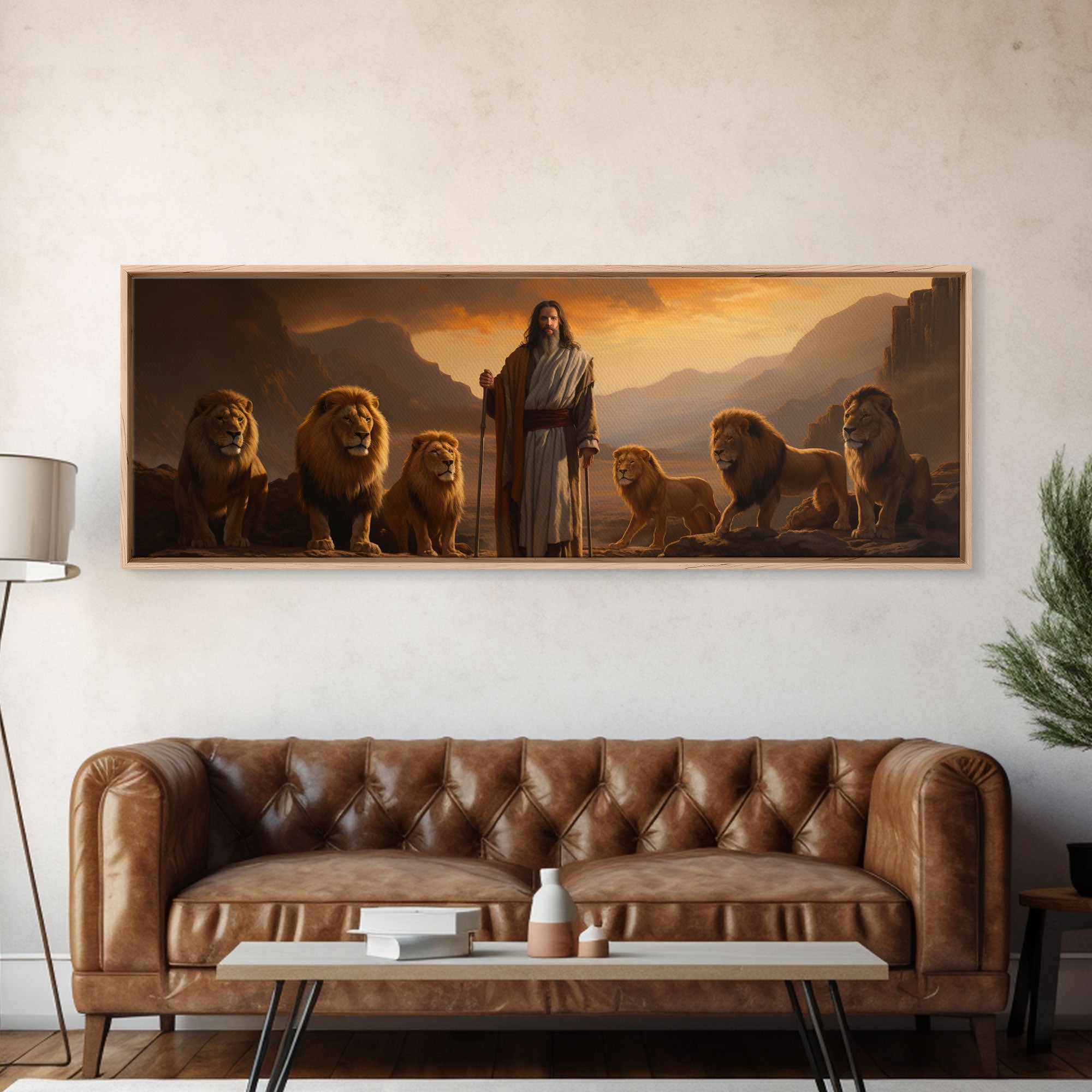 Framed canvas print of Jesus standing with lions in a desert scene