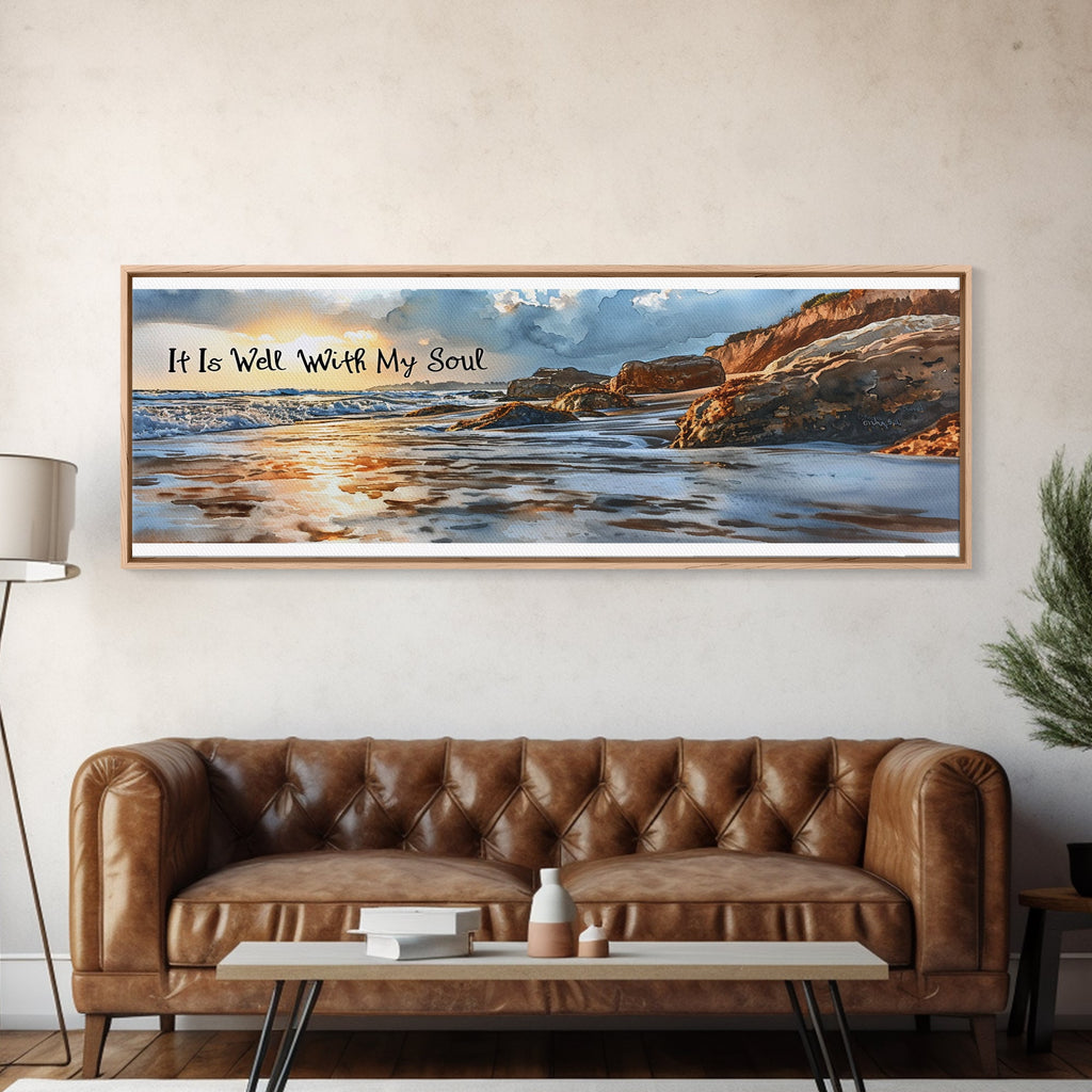 Framed beach canvas wall art with ocean waves, rocky coast, and “It Is Well With My Soul”