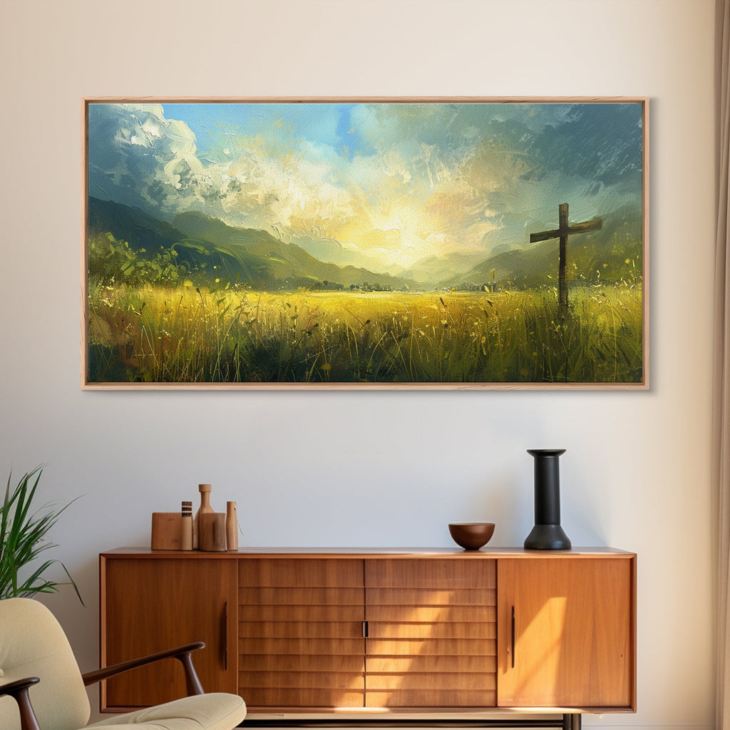 Cross landscape framed canvas print with golden grass field and tall black cross