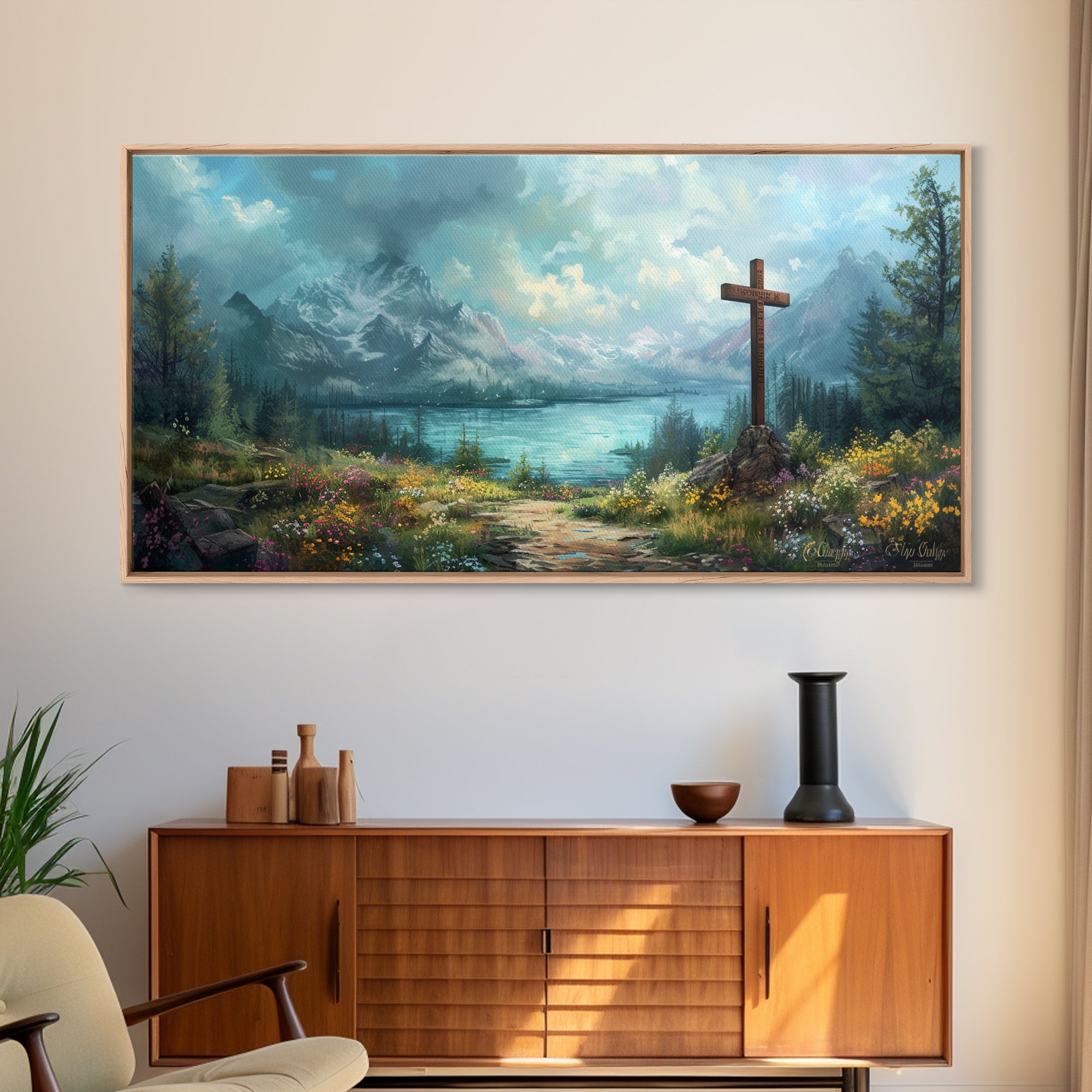Framed canvas wall art with a cross over a mountain lake landscape