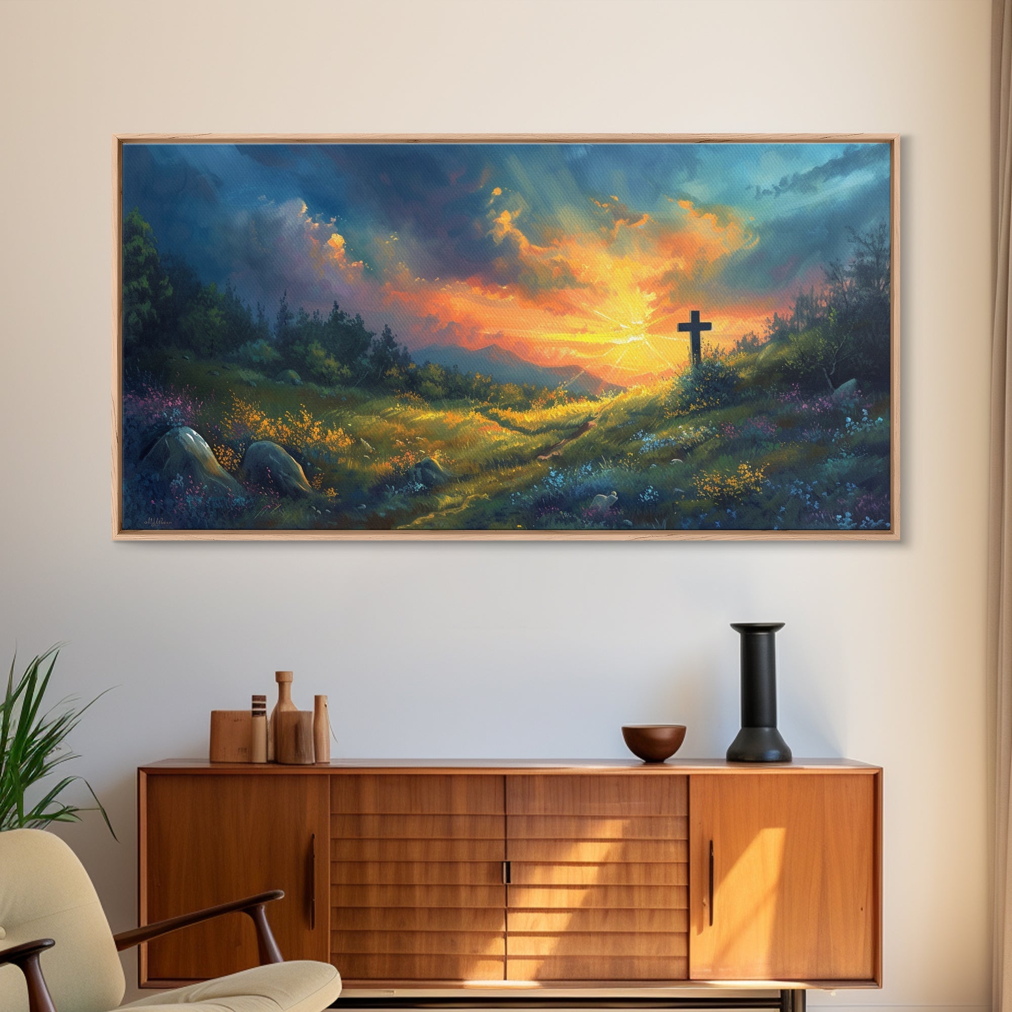 Framed Christian wall art canvas with landscape sunrise and a black cross silhouette.