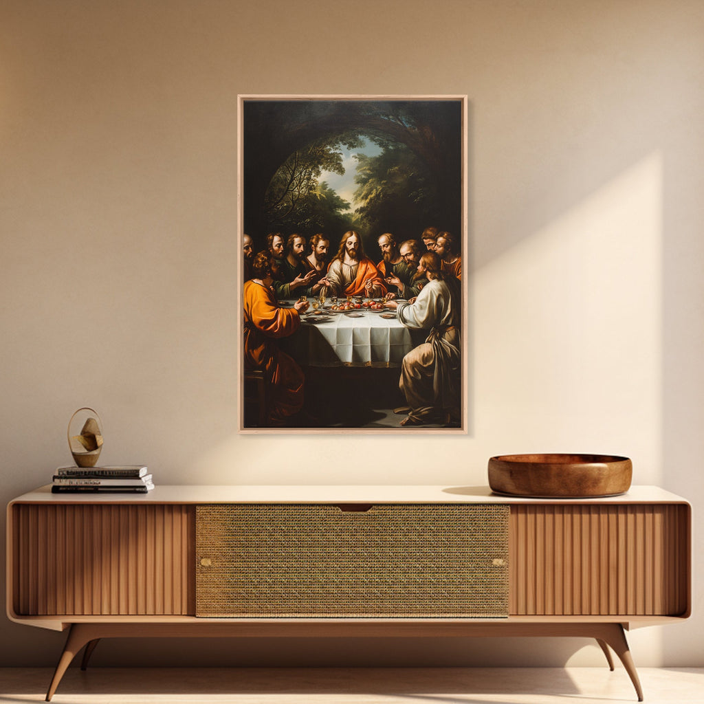 Framed canvas wall art with Last Supper scene, dark frame