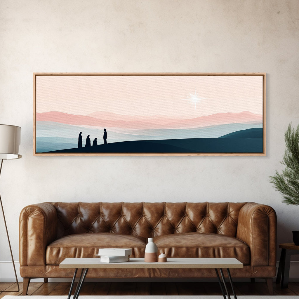 Framed canvas print with sunset landscape and silhouetted figures beneath a glowing star