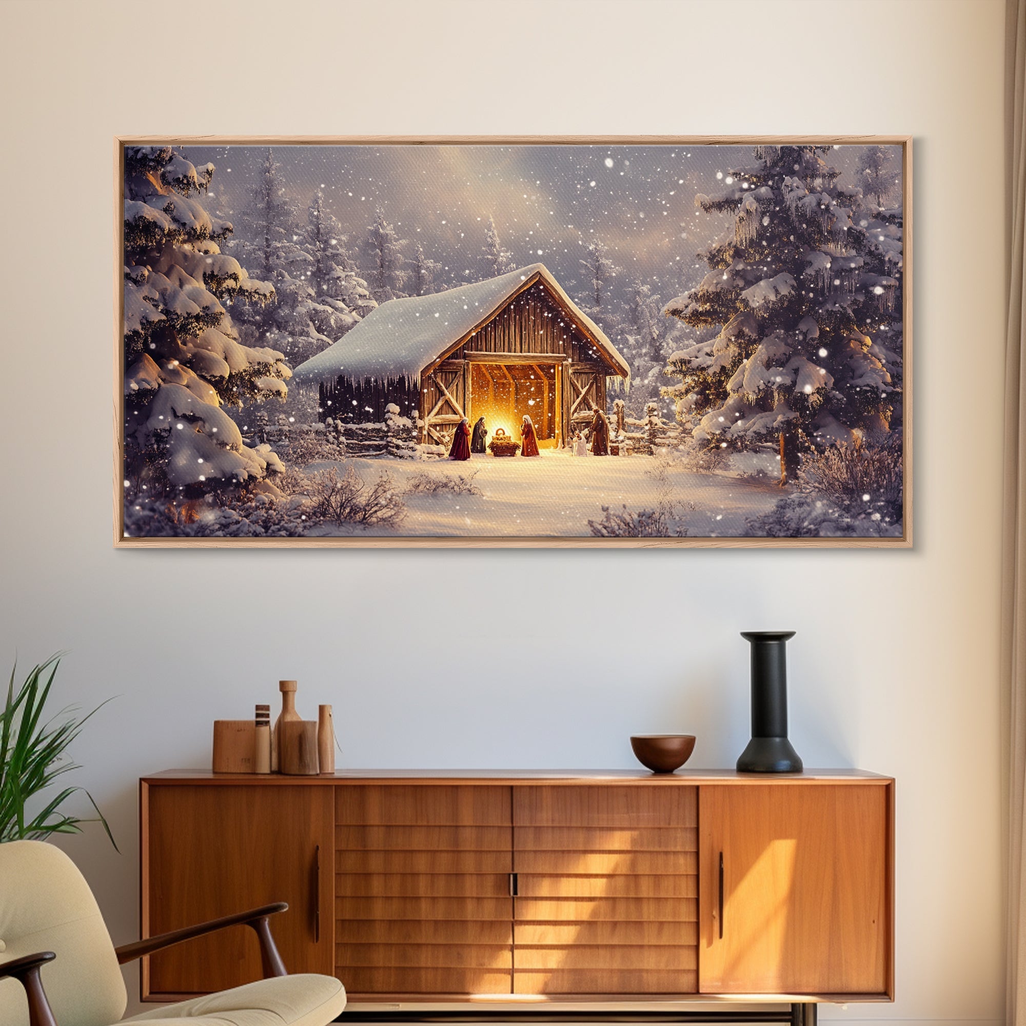 Nativity Scene Framed Canvas Print, Jesus in His Manger, Christmas Wall Art, Christmas Centerpiece Art, Nativity Oil Painting