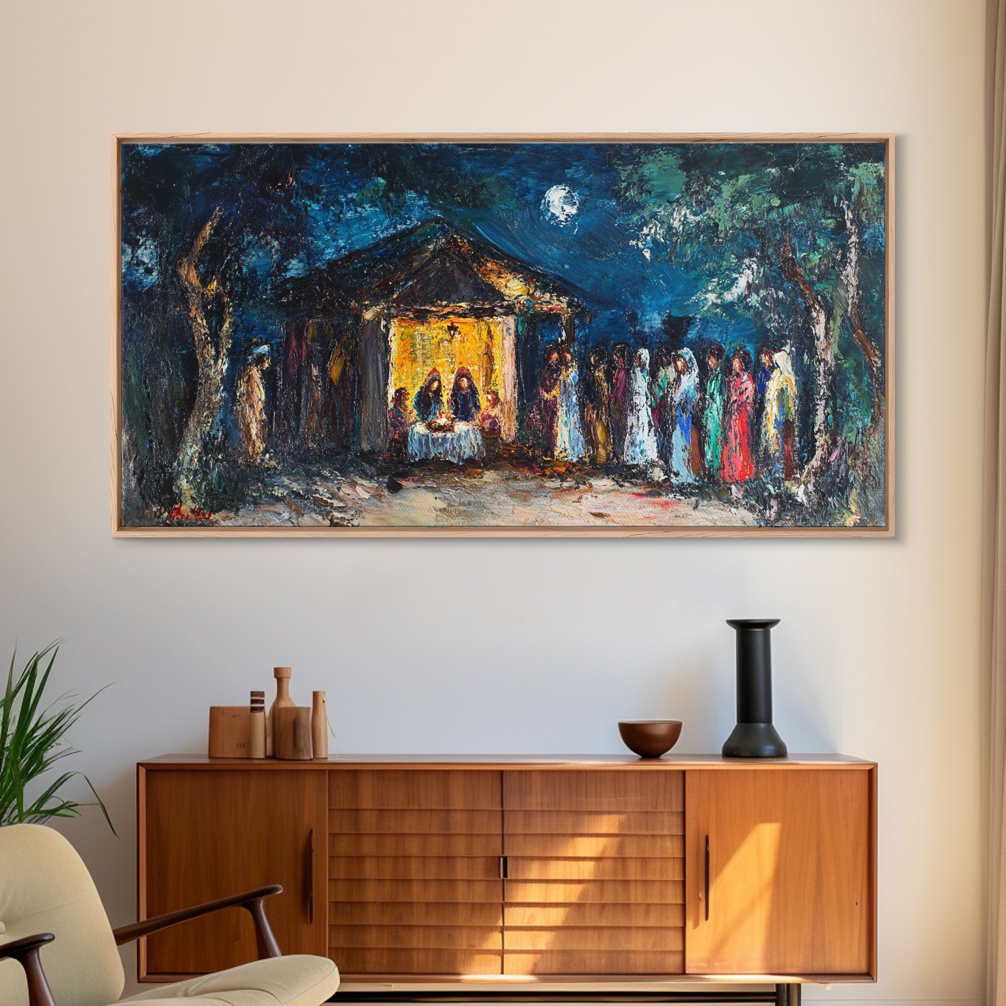 Framed abstract nativity canvas print with blue night sky and colorful figures at a doorway