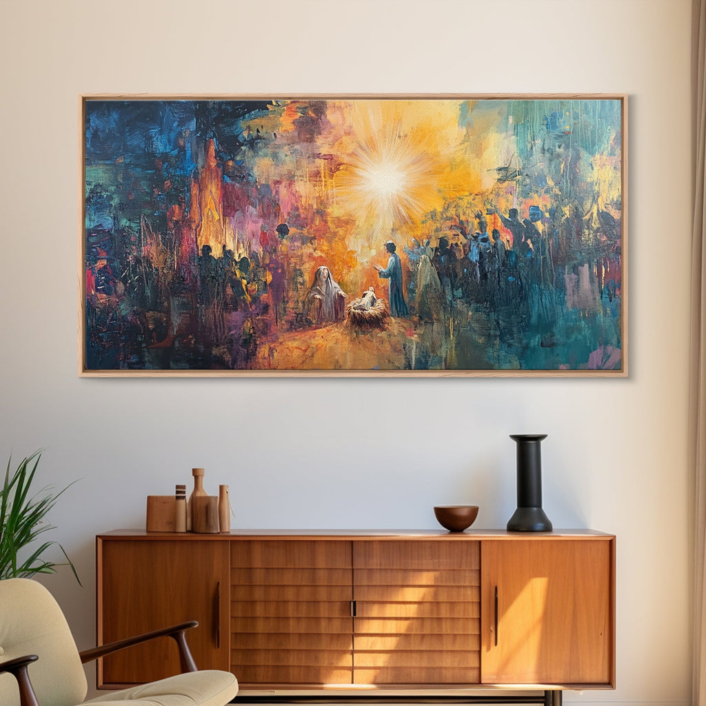 Framed nativity scene canvas print with blue-and-gold sky and glowing star