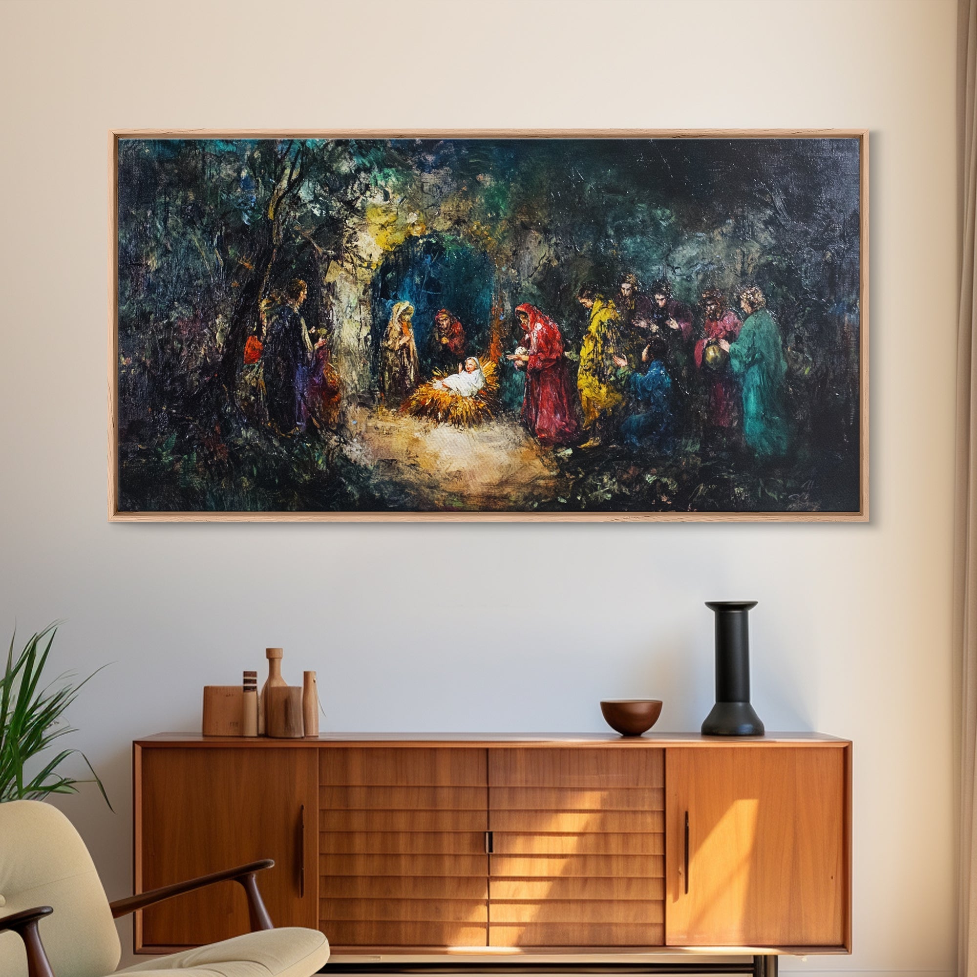 Framed canvas nativity print with abstract figures in dark teal and red