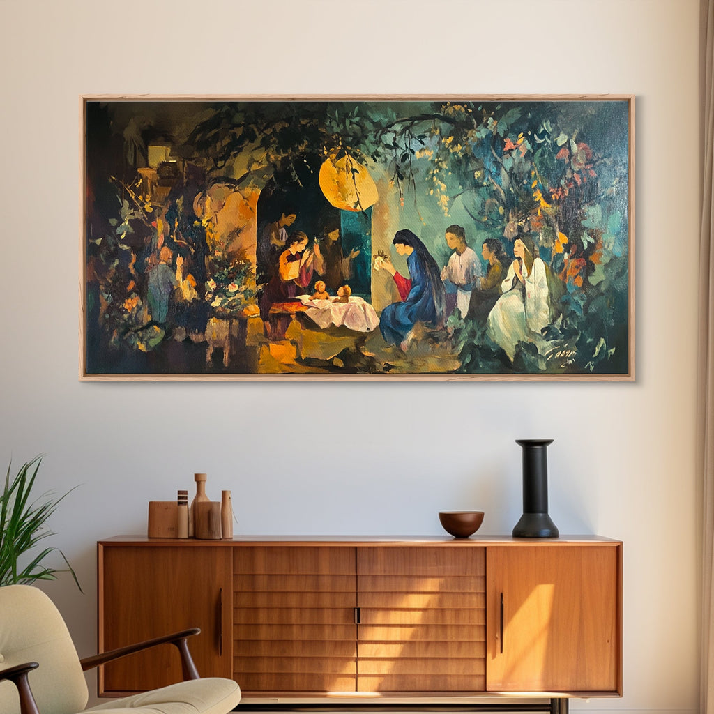 Framed nativity canvas wall art with manger, Mary and Joseph, and glowing lantern