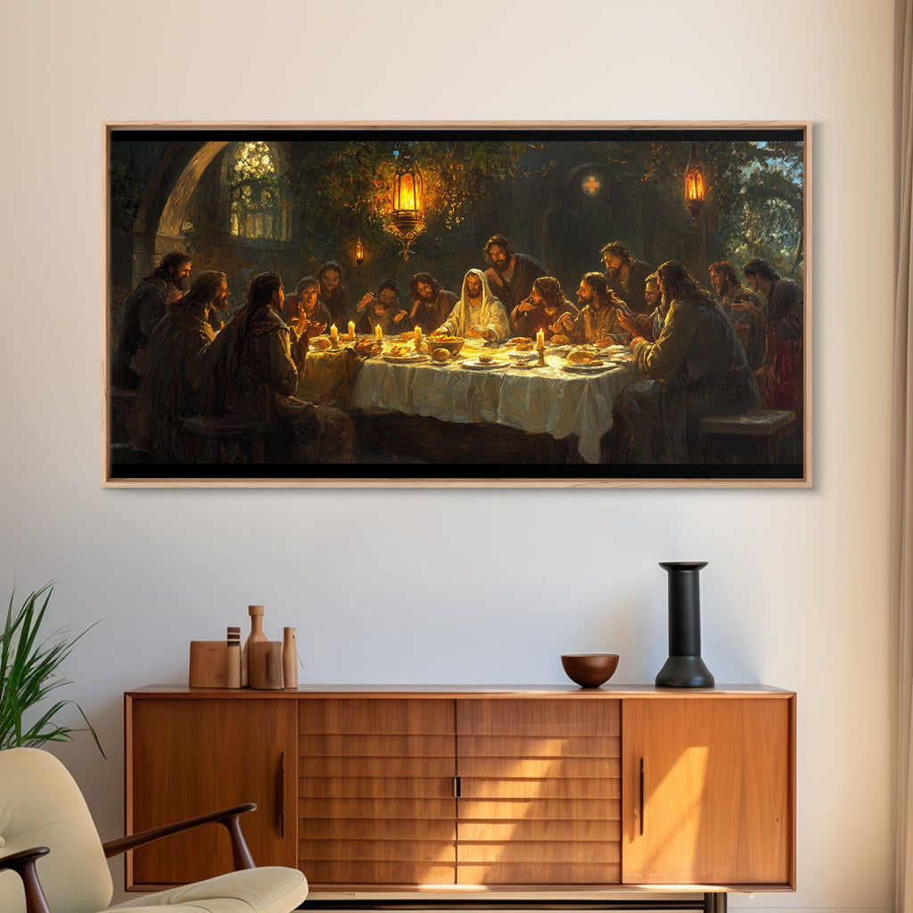 Framed canvas print of The Last Supper, light wood frame, candlelit meal scene