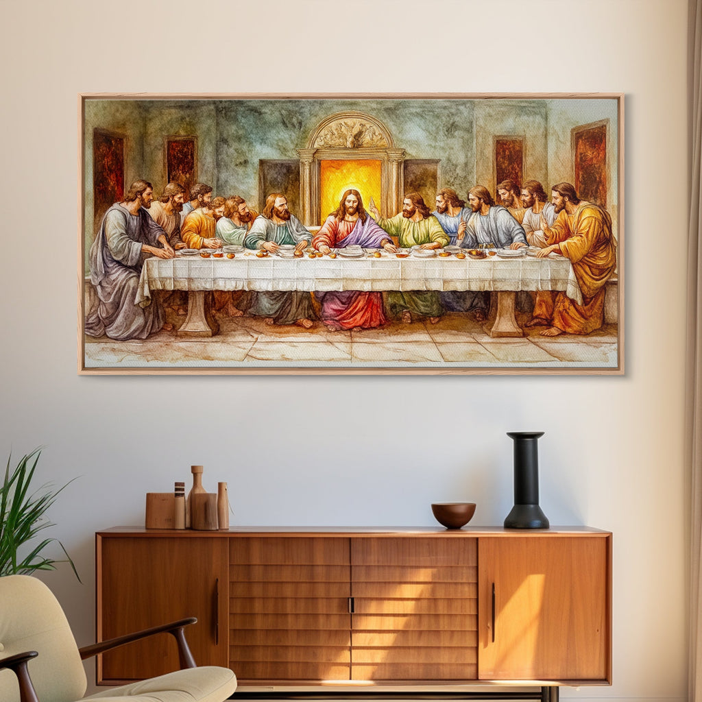 Framed canvas print of the Last Supper scene with Jesus at center and disciples at table.