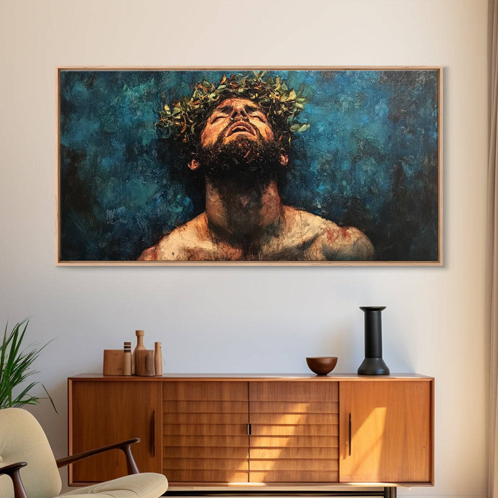 Framed horizontal canvas portrait of Jesus with crown of thorns, warm tones