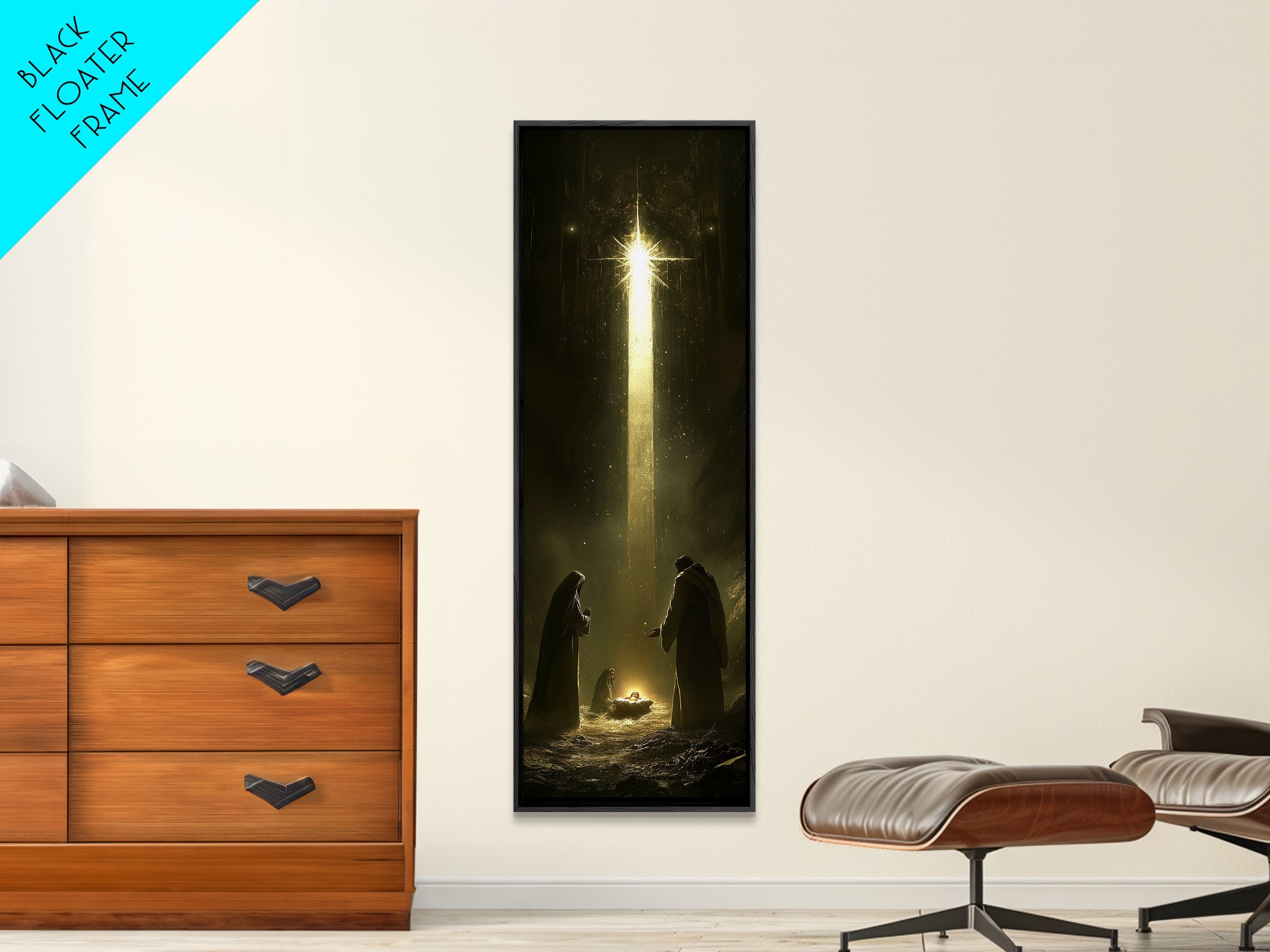 Tall narrow framed wall art showing glowing cross over a manger scene