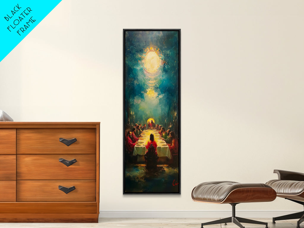 Framed canvas wall art of Jesus and apostles at the table, blue-green tones