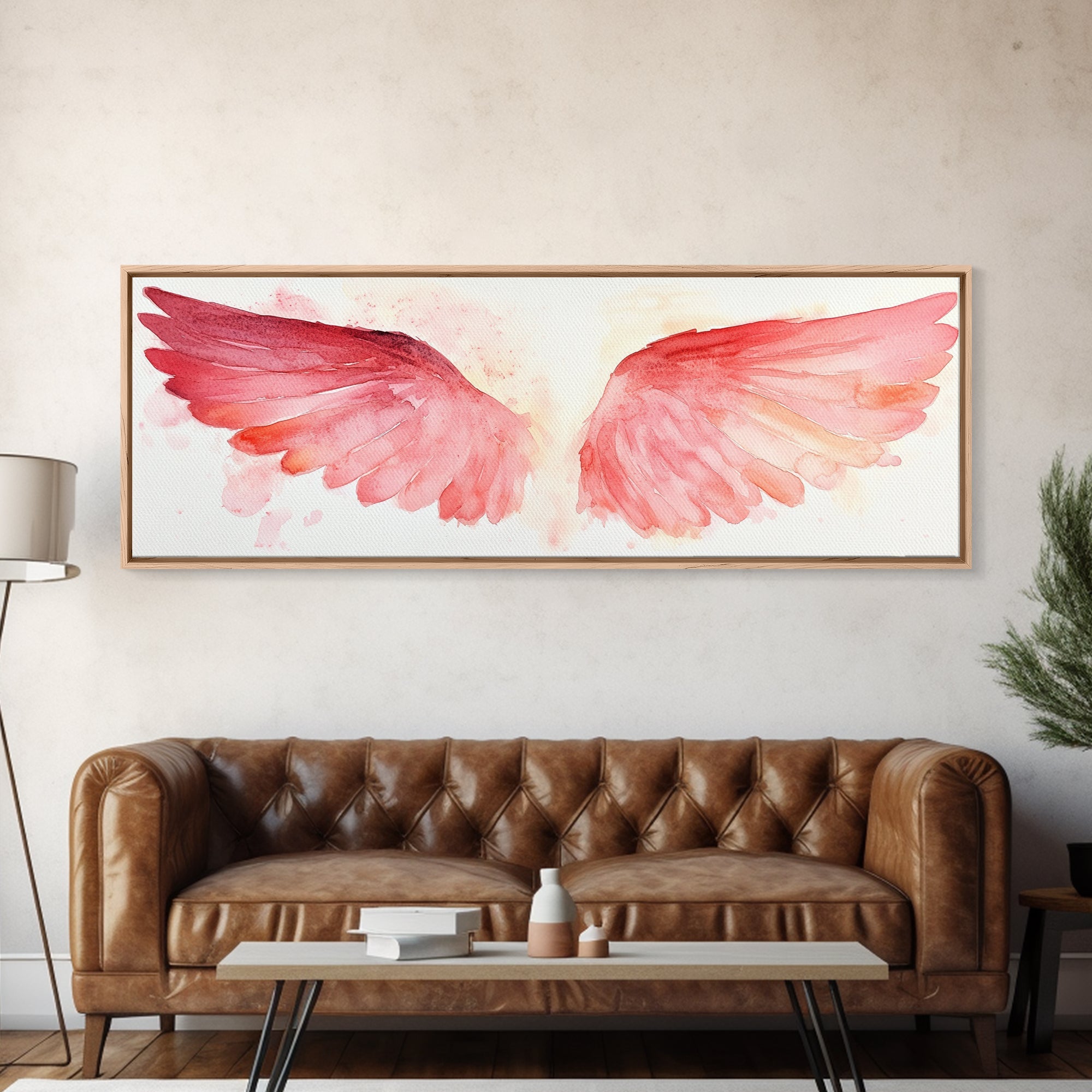 Pink abstract angel wings canvas print in light frame, horizontal wall art