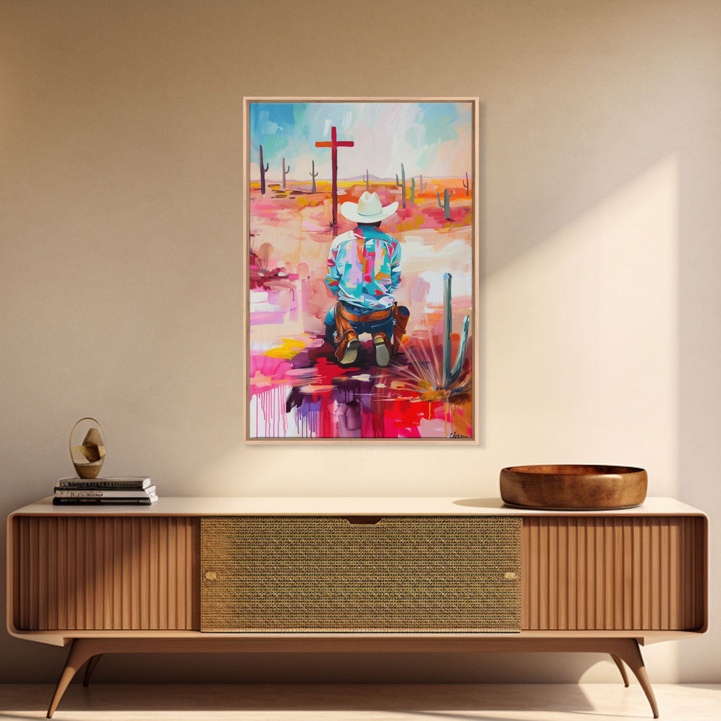 Framed canvas print of an abstract kneeling cowboy in a colorful Southwestern desert scene