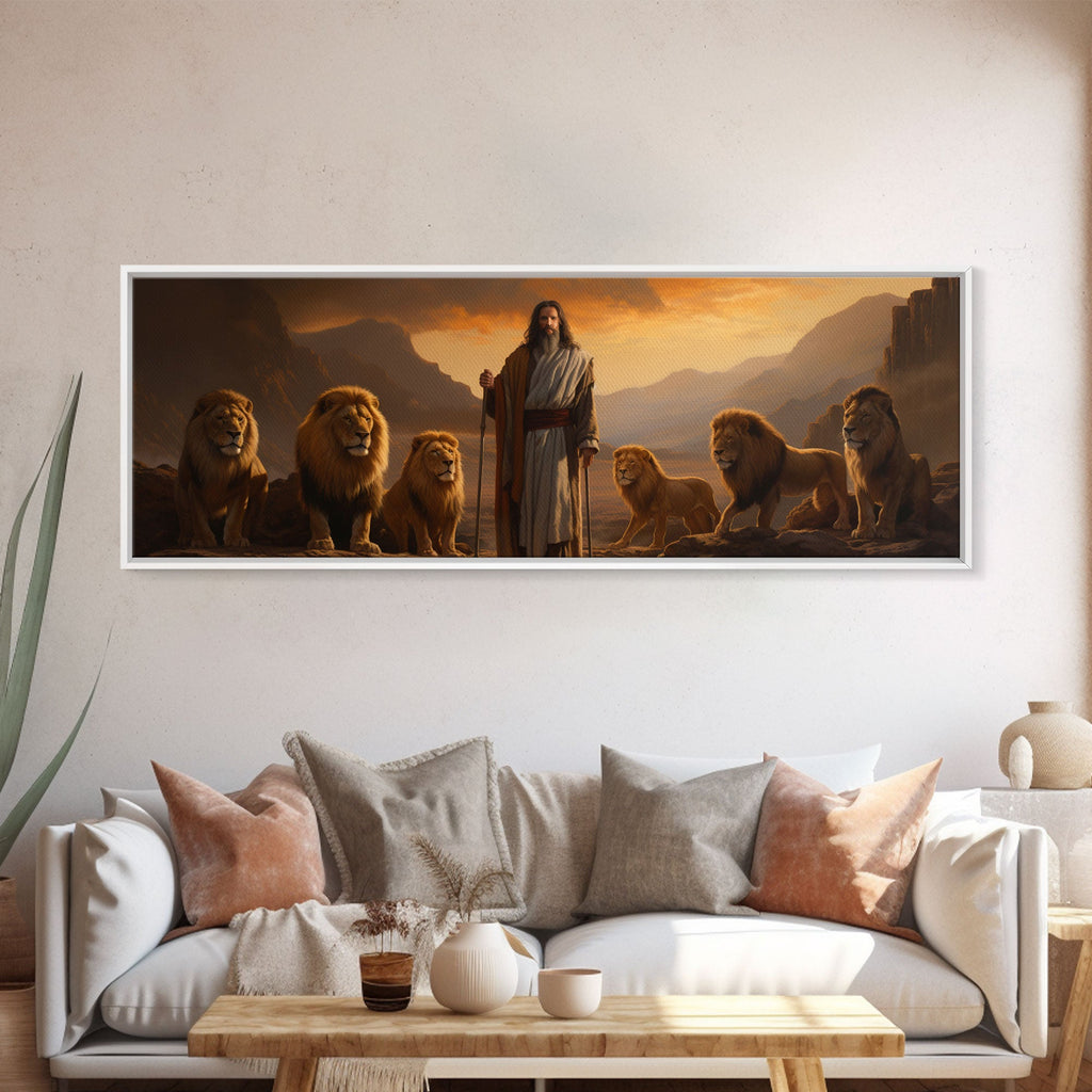 Framed canvas print of Jesus and lions, long horizontal artwork