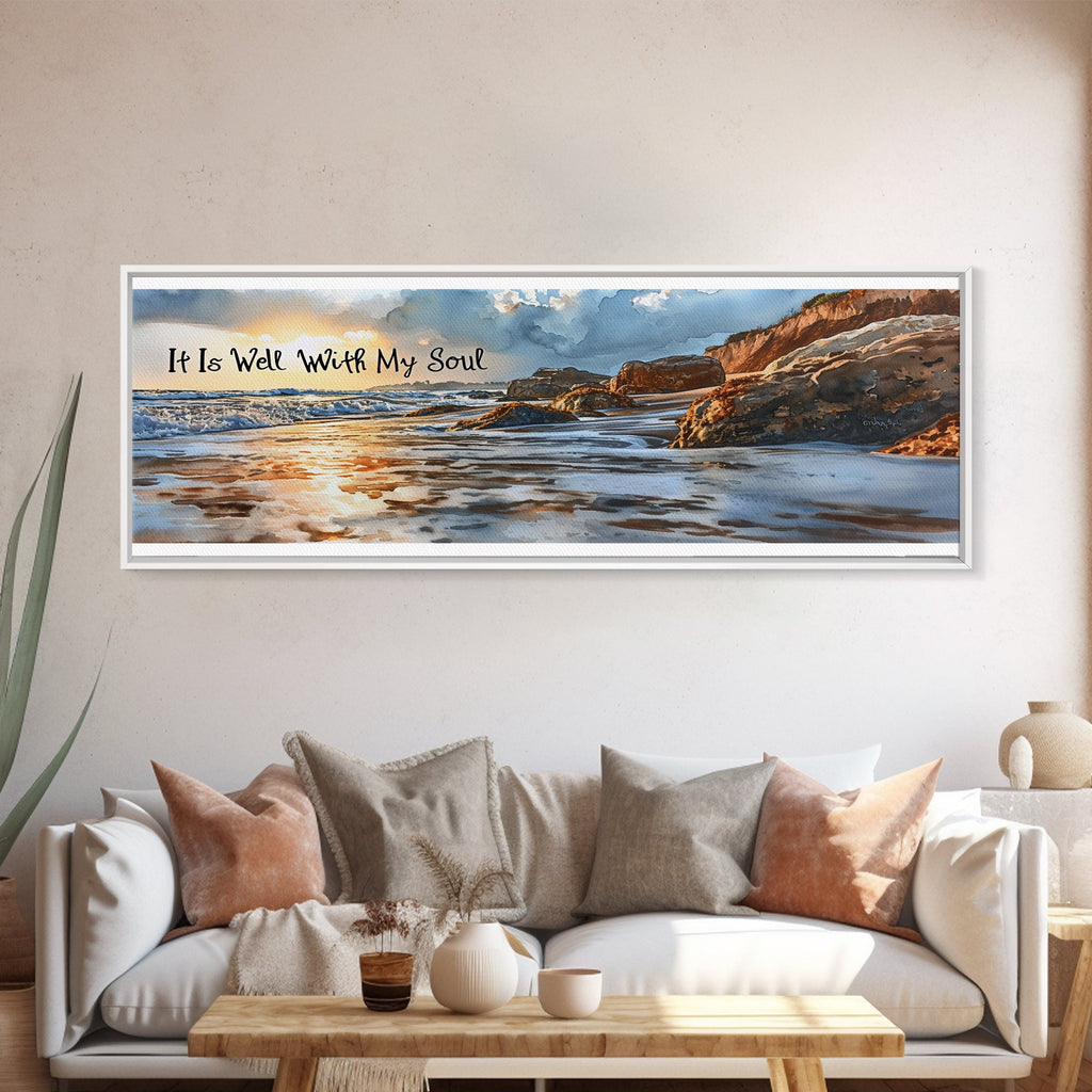 Framed beach canvas wall art featuring ocean waves and “It Is Well With My Soul”