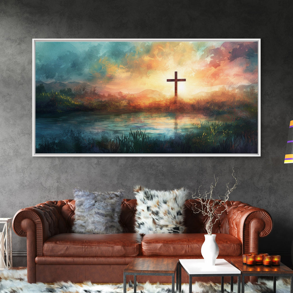 Landscape canvas wall art with cross at sunset, in white rectangular frame