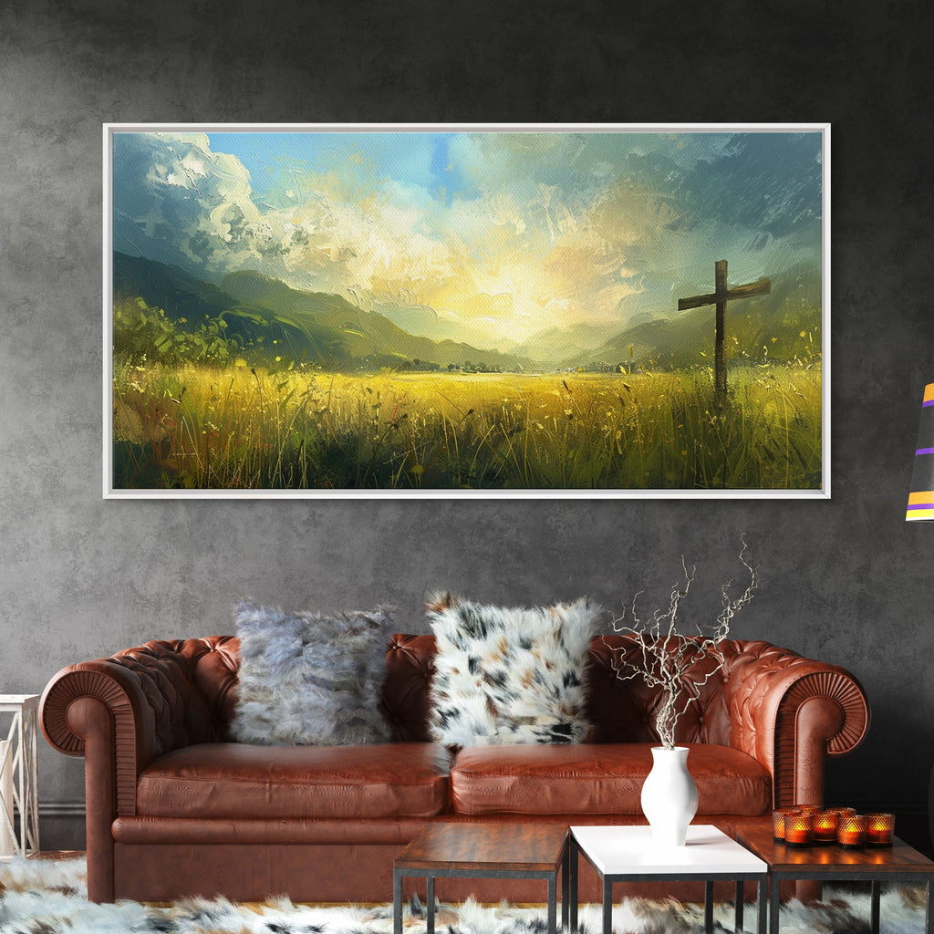 Cross landscape framed canvas print with glowing sky over green grass and dark cross