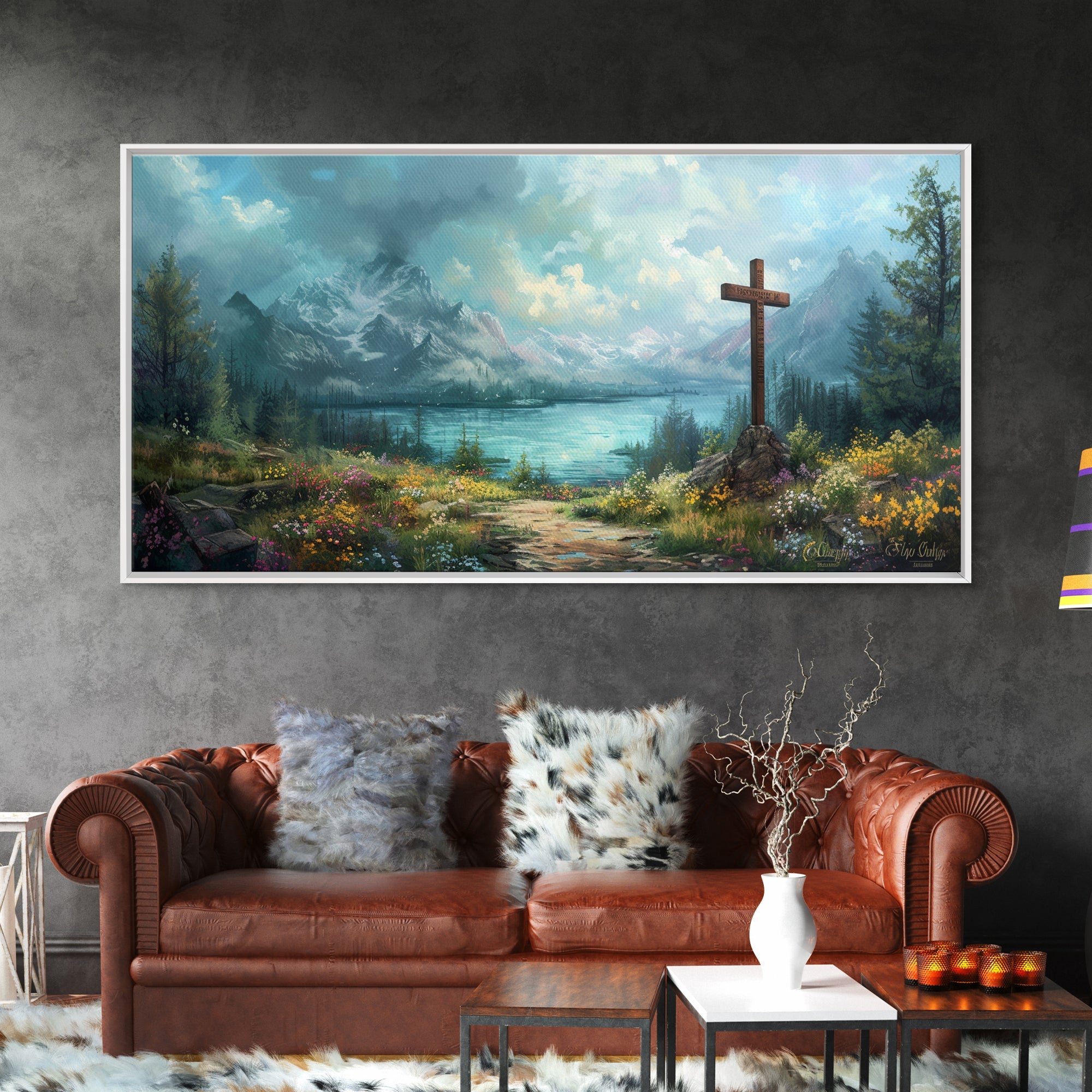 Framed canvas wall art featuring a cross with a mountain lake and forest scene