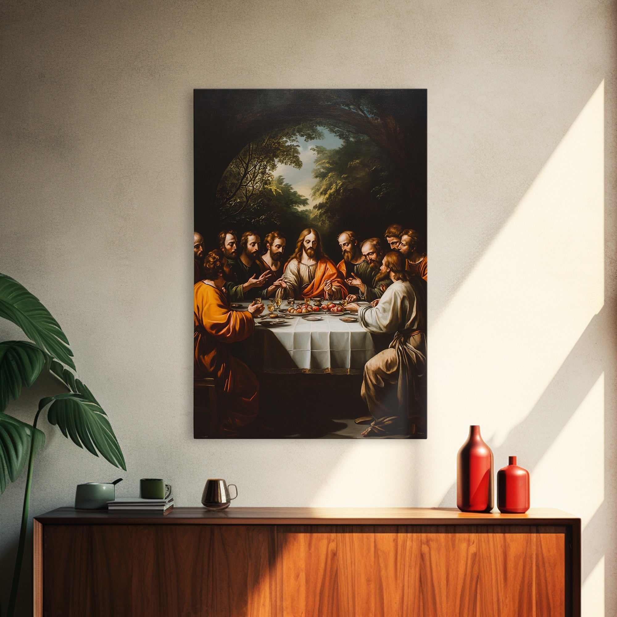 Framed canvas wall art of the Last Supper scene, dark frame
