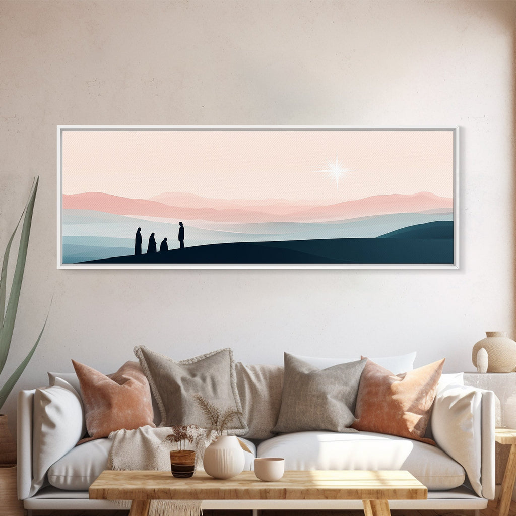 Framed canvas print with wide sunset hills and silhouetted figures under a glowing star