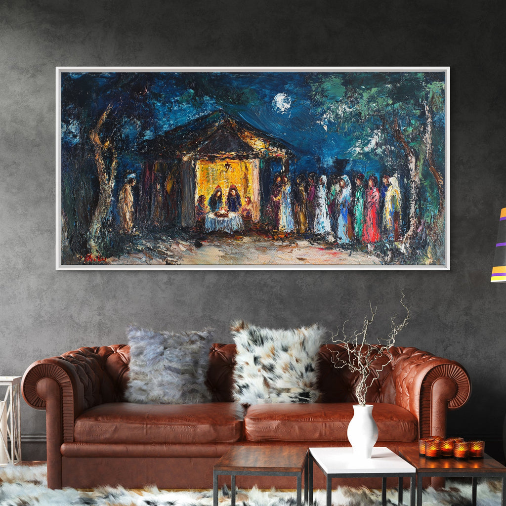 Abstract nativity canvas print in white frame, blue sky with glowing yellow building and figures