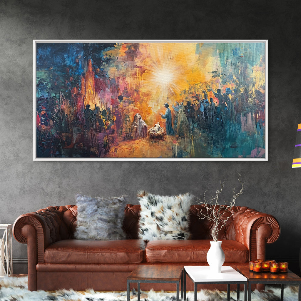 Framed nativity scene canvas print with bright central star and blue city tones