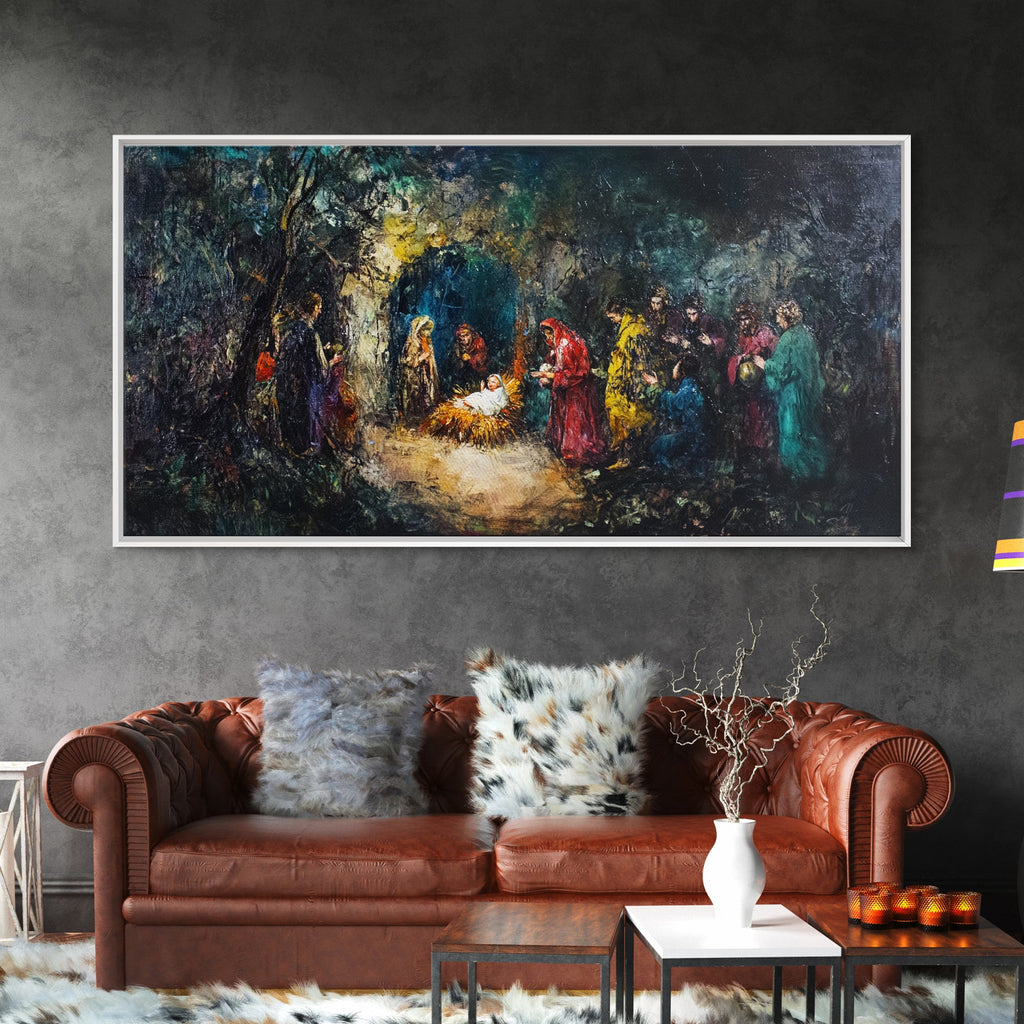 Framed canvas nativity print with abstract crowd scene and warm gold highlights