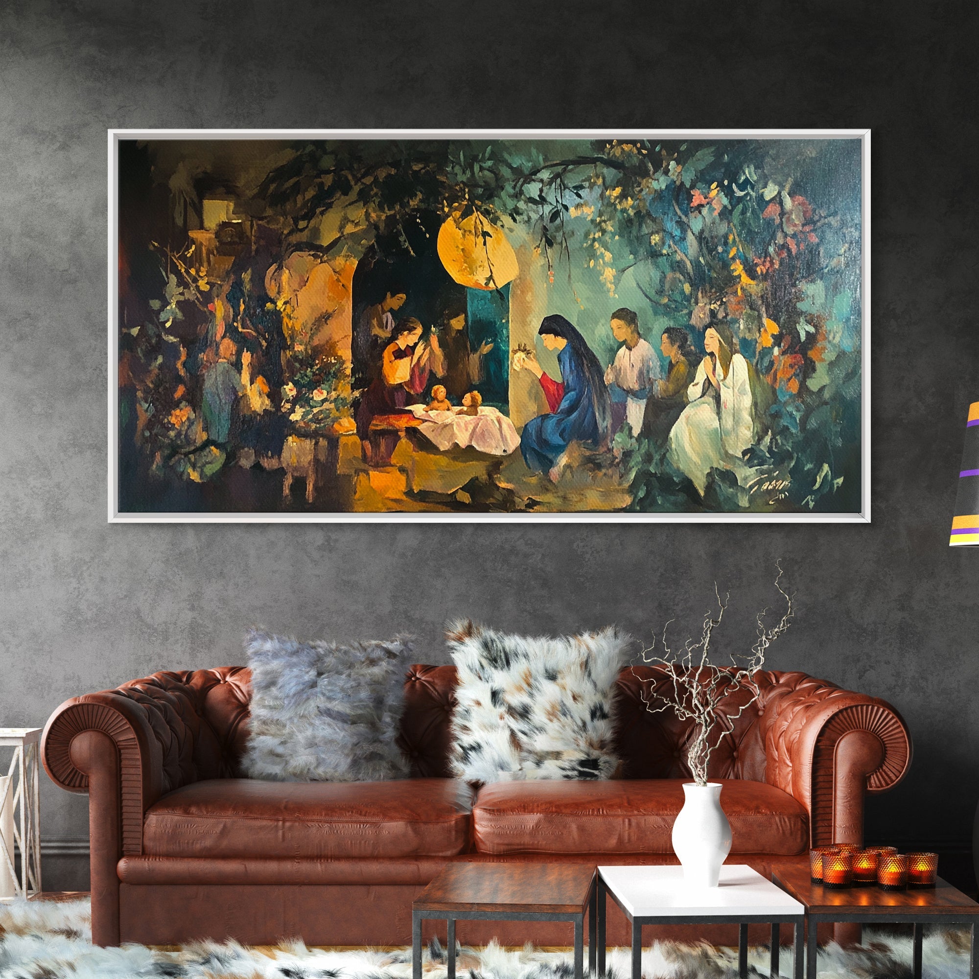 Nativity canvas wall art in white frame with glowing angel, manger, and visiting figures