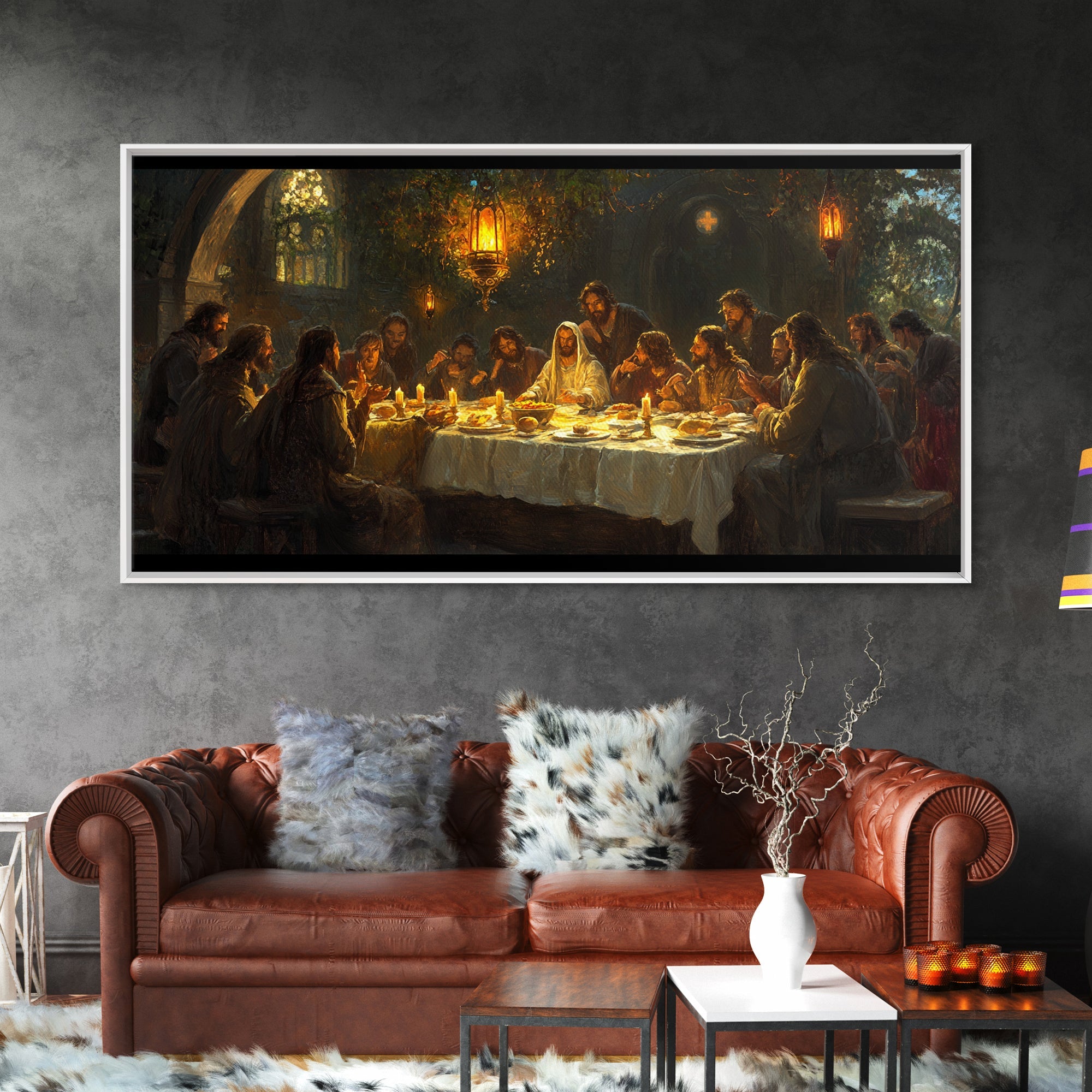 Framed canvas print of The Last Supper, white frame, candlelit table with figures