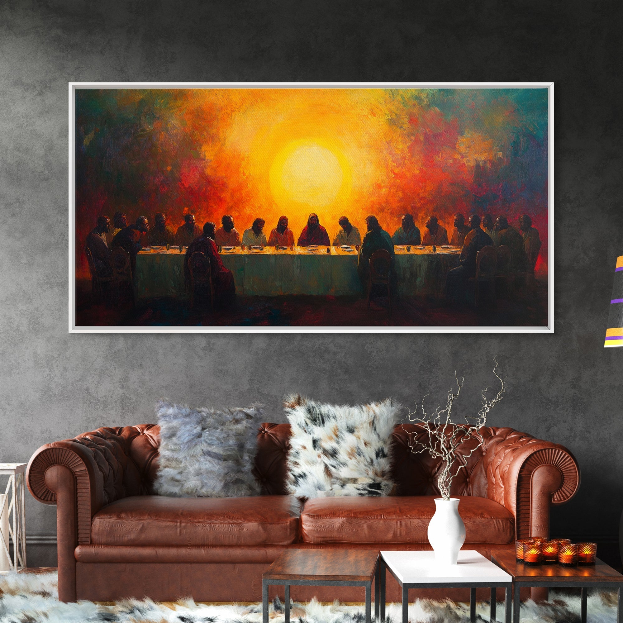 Scenic Depiction Of The Last Supper Framed Canvas Print - Jesus Art, Bible Wall Art, Christian Faith Home Decor, Last Supper Oil Painting