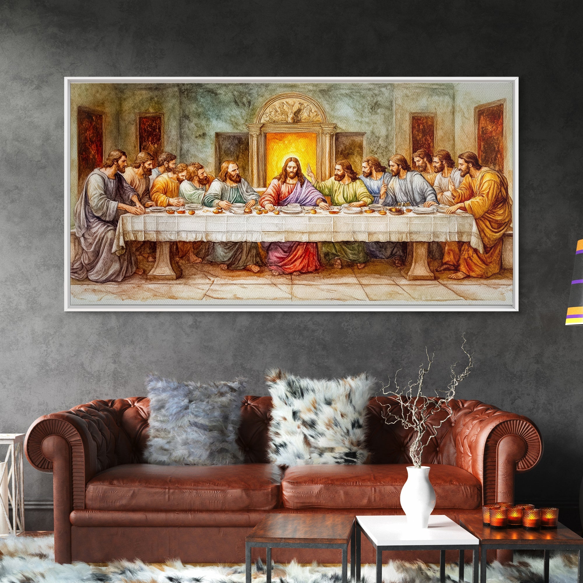 Framed canvas print of Jesus at the table in the Last Supper painting.