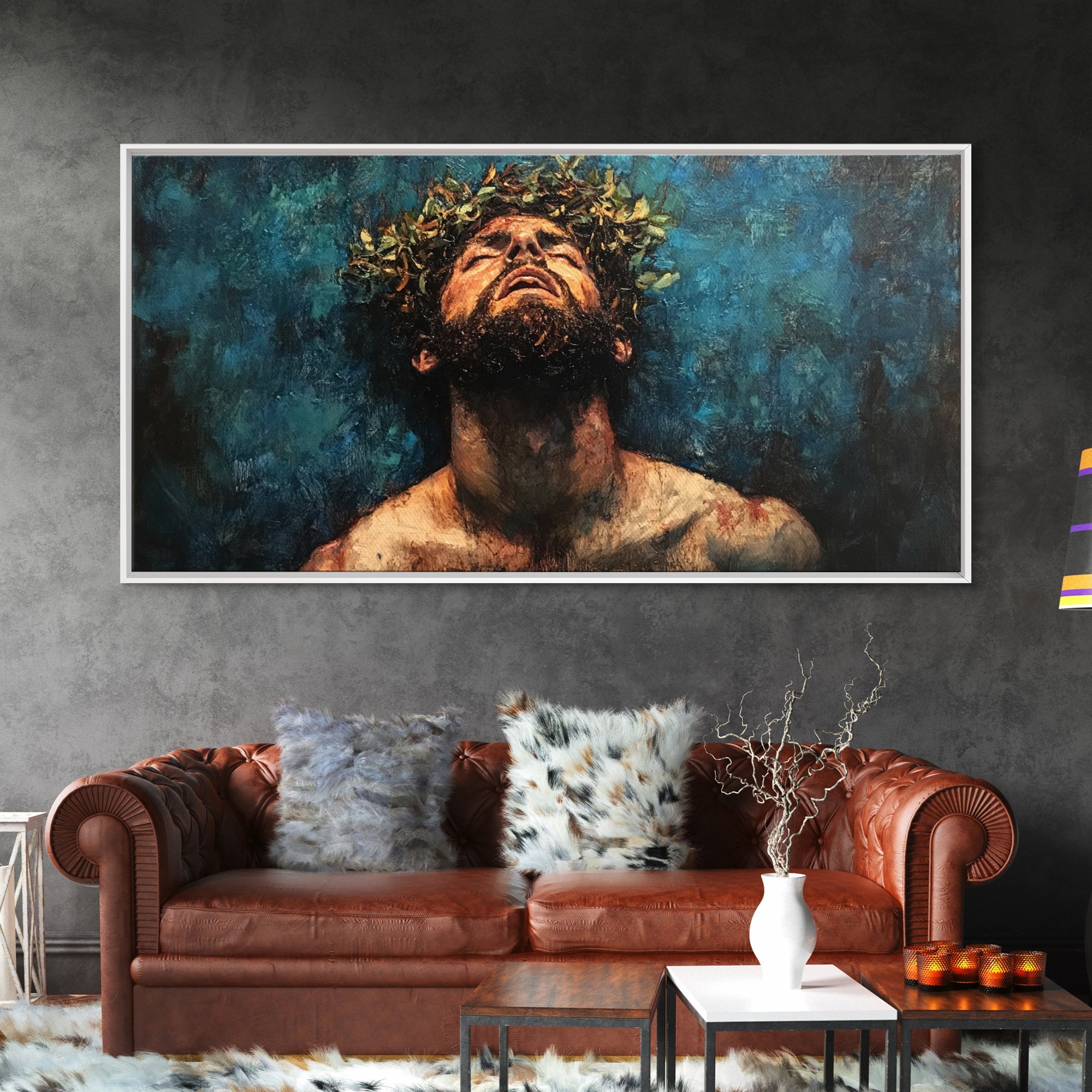 Horizontal canvas portrait of Jesus with crown of thorns in a silver frame