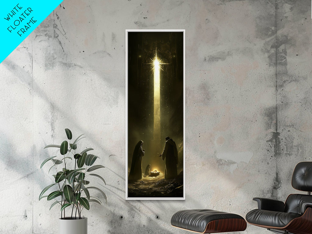Tall narrow framed wall art with glowing cross and dark nativity figures