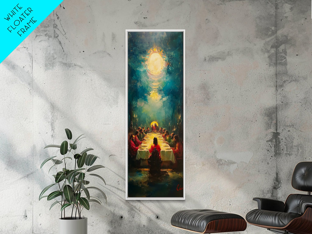 Framed canvas wall art of Jesus and apostles under a glowing halo, blue-green scene