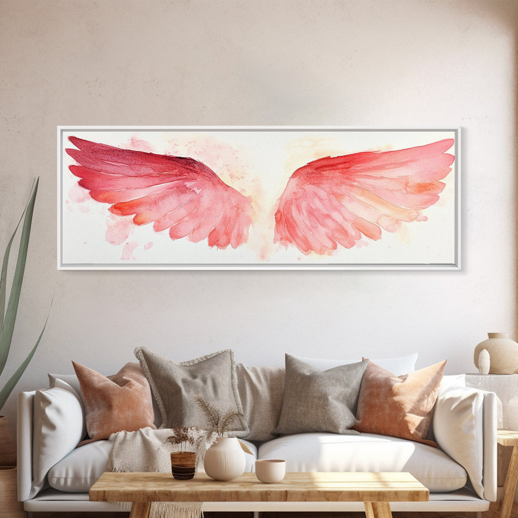 Pink abstract angel wings canvas print above sofa, with thin frame border