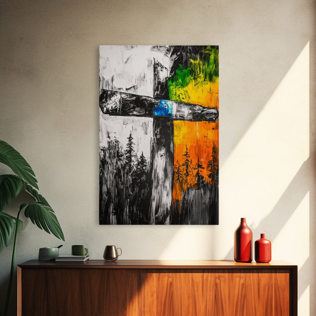 Canvas wall art of a cross with black, white, orange, green, and blue blocks
