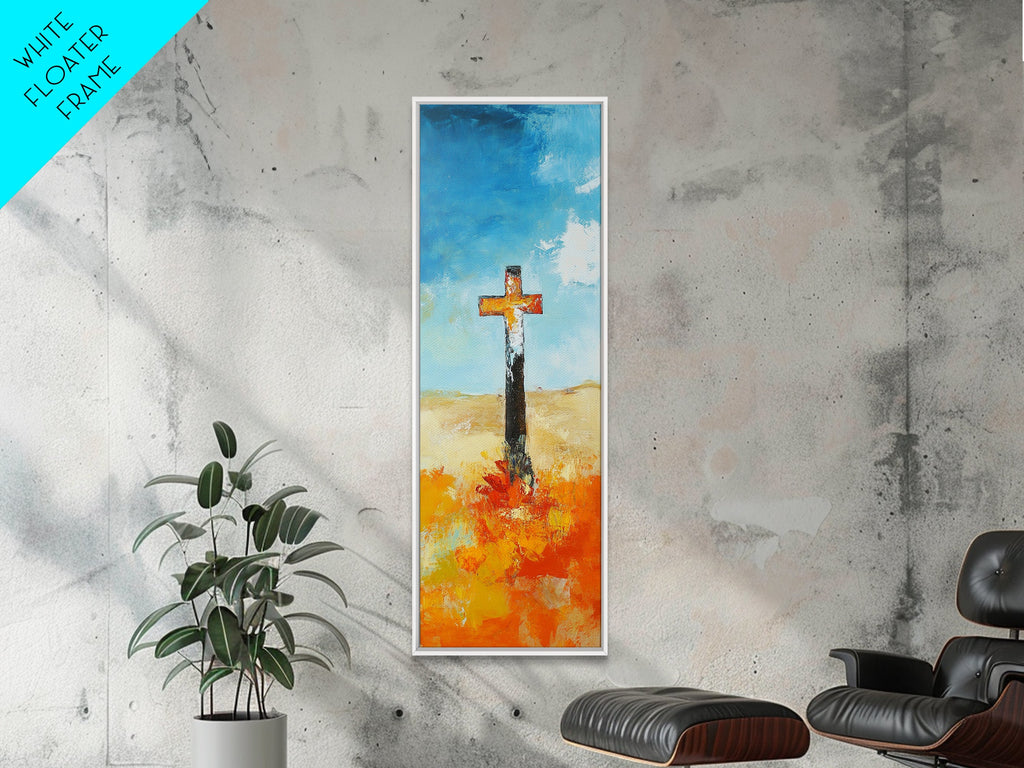 Framed canvas print with blue sky, black cross, and orange blossoms